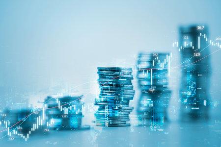 Double exposure of row coins  city scape and stock market graph chart for economy and finance concept.の写真素材