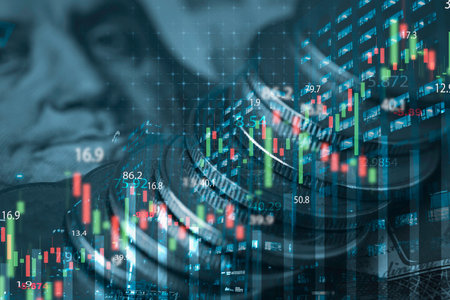 Double exposure of row coins  city scape and stock market graph chart for economy and finance concept.の写真素材