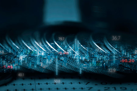 Double exposure of row coins  city scape and stock market graph chart for economy and finance...