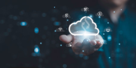 Businessman holding and giving virtual cloud computing with copy space to transfer data information...