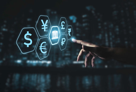 Hand touching to central banking icon and currency include dollar yuan yen pound sterling euro and ruble for trading forex money transfer concept.の写真素材