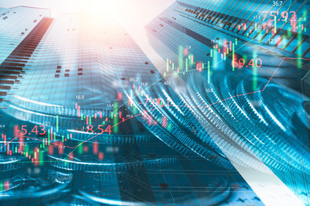 Double exposure of row coins  city scape and stock market graph chart for economy and finance banking concept.の写真素材