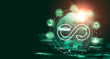 Infinity Circular economy icon on crystal world with investment and environment icons for future sustainable business growth and reduce environmental pollution for future concept.の写真素材