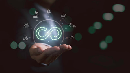 Infinity symbol with Circular business economy environment icons on hand  for future sustainable...