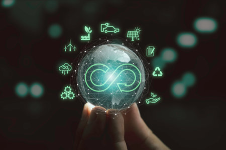 Infinity symbol with Circular business economy environment icons on crystal world and hand  for future sustainable investment growth and reduce environmental pollution for future concept.の写真素材