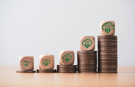 CO2 reducing icon on increasing coins stacking for decrease CO2 , carbon footprint and carbon credit...