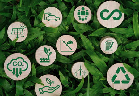 Infinity symbol with Circular business economy environment icons on wooden block cube for future sustainable investment growth and reduce environmental pollution for future concept.の写真素材
