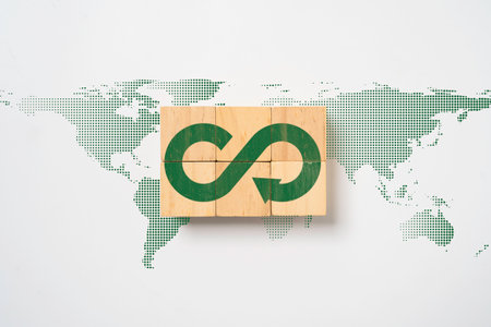 Infinity symbol with Circular business economy icon on wooden block cube and world map for future sustainable investment growth and reduce environmental pollution for future concept.の写真素材