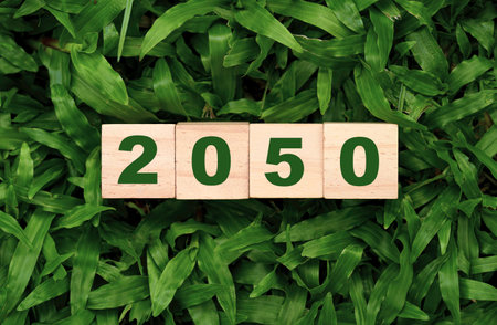 Green 2050 year on wooden block cube and green grass from Kyoto Protocol for carbon footprint and carbon credit to limit global warming from climate change concept.の写真素材