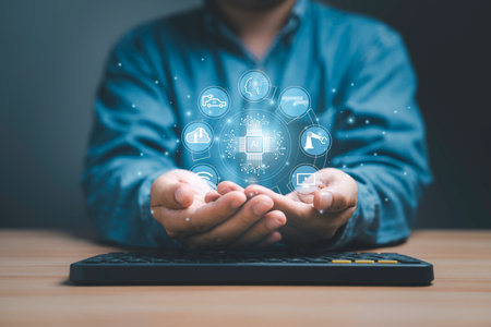 Businessman holding AI or Artificial Intelligence, it was controlled and generate to chat bot , smart robot, cloud computing and automatic car driving. Futuristic technology transformation concept.の写真素材