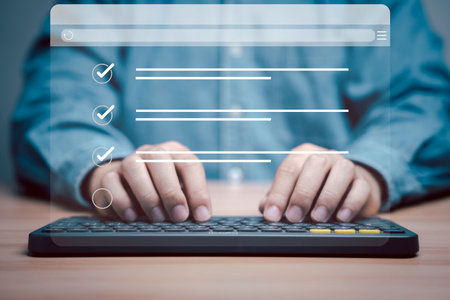 Businessman using computer keyboard to tick correct sign mark in checkbox for quality document...