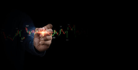 Hand drawing virtual technical graph and chart for analysis stock market, technology investment and value investor to take profit and stop loss concept.の写真素材