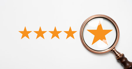Yellow stats inside of magnifier glass on white background for focus Customer satisfaction and...