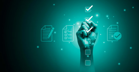 Businessman using pen to tick correct sign mark in checkbox for quality document control checklist ,document approve and business approve project concept.の写真素材