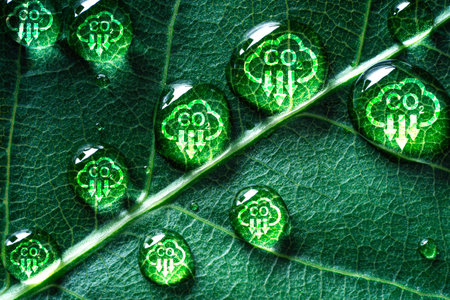 Carbon reduction inside water droplet on green leaf for for decrease CO2 , carbon footprint and...