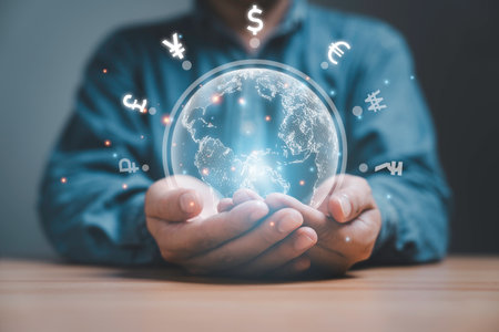 Businessman holding virtual world with international currency include dollar yuan yen euro and pound sterling ruble rupee sign for forex exchange trading and money transfer concept.の写真素材
