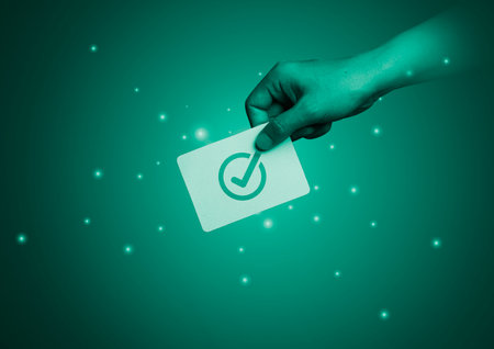 Hand holding correct sign symbol for business management review , project and document approve concept.の写真素材