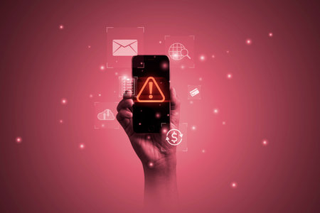 Hand holding smartphone with triangle caution warning sign or exclamation and technology icon such as e-mail , cloud computing for notification error , virus attack , hacker and maintenance concept.の写真素材