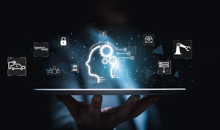 Businessman holding tablet with human thinking icon with technology icons include chatting message ,...