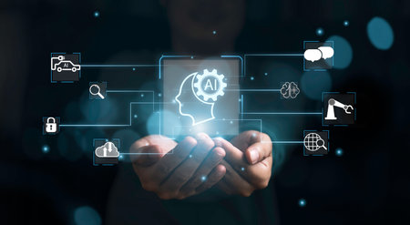 Businessman holding human thinking to command and create prompt with AI or Artificial technology...