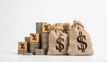 Isolated of coins stacking with percentage and fully USD dollar sack on white background for deposit saving and business investment profit concept.の写真素材
