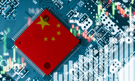 China flag print screen on Microchip processor on electronic board for important component in computer smartphone, China is the largest main manufacturing in the world of global supply chain concept.の写真素材
