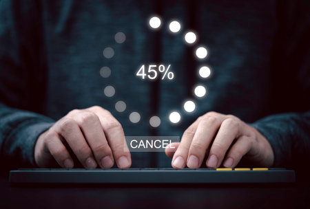 Businessman using computer keyboard with virtual loading icon for software program update and download document information concept.の写真素材
