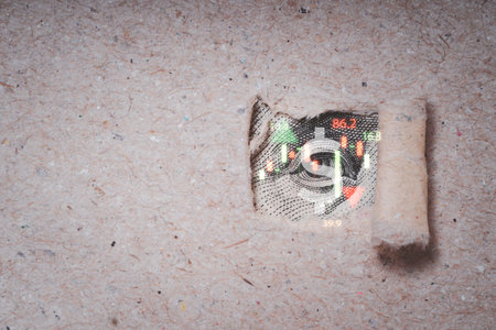 Closeup Benjamin Franklin eye from torn paper of USD banknote with stock market chart graph for...