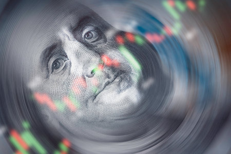 Closeup Benjamin Franklin face on USD banknote with stock market chart graph for currency exchange...