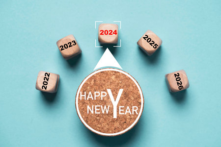 Indicator rating level print screen wooden cube block and point to 2024 year for preparation merry...