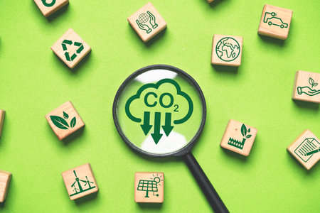 Magnifier glass with CO2 reduction and environment icons for decrease CO2 , carbon footprint and...