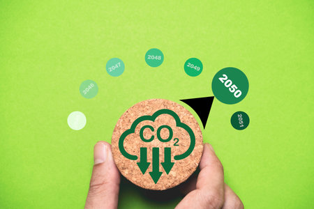 Hand rotate carbon reduction knob indicator to 2050 year when zero carbon dioxide emission for...