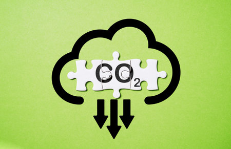 CO2 reducing icon on white jigsaw  for decrease CO2 , carbon footprint and carbon credit to limit global warming from climate change, Bio Circular Green Economy concept.の写真素材