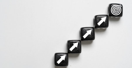 Virtual target board and arrow with up arrow which print screen on black cube. Enhance business...