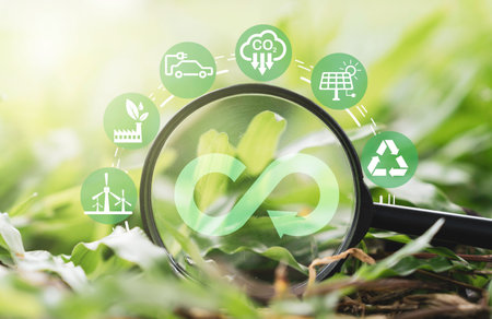infinity symbol on magnifier glass with environment ecology include reuse reduce recycle carbon...