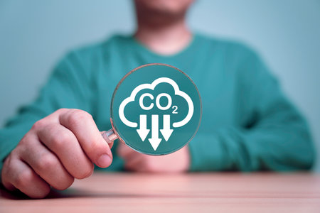 Man holding magnifier glass with CO2 reducing for decrease CO2 , carbon footprint and carbon credit...