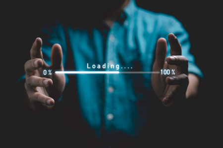 Digital loading bar progress from 0% to 100% between businessman hands for information download data...