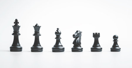 Isolated of black chess include king queen horse ship and pawn on white background.の写真素材