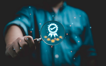 Businessman holding magnifier glass with correct certification symbol and five stars for quality...