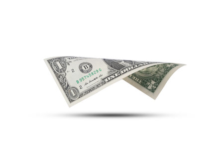 Isolated of 1 USD dollar banknote flying on white background , Dollar is currency of United States of America and it is the main currency exchange and transfer in the world.の写真素材