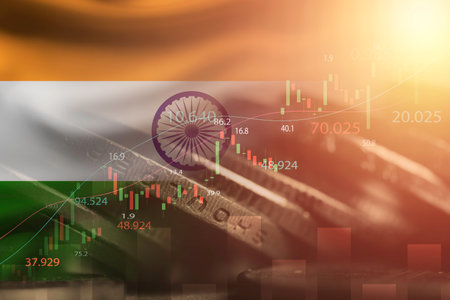Double exposure among of coins stacking , stock market graph chat and India flag for India country is big economy and high business development growth from many investment concept.の写真素材