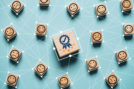 The best quality assurance and golden five stars connection link with human emotion icon for customer evaluation for guarantee product and ISO service concept.の写真素材