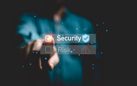 Businessman hand touching to select check mark on virtual security icon monitor for cyber security and privacy in technology information data concept.の写真素材