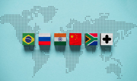 Brazil Russia India China and South Africa flag with plus sign on world map for BRICS plus economic business international cooperation additional another countries concept.の写真素材