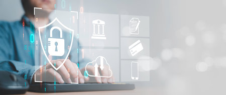 Businessman using laptop input user name password to internet access and encryption to computer system for cybersecurity network and user security concept.の写真素材