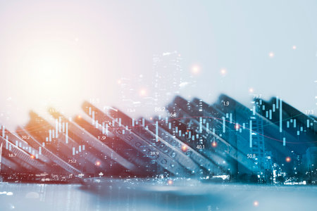 Double exposure of coin stacking and cityscape with stock market graph chart for financial business investment and economy to get profit dividend and benefit concept.の写真素材