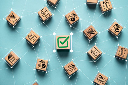 Green correct sign mark linkage connection with document icon for document project approval and quality ISO concept.の写真素材