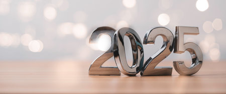 Luxury metallic of 2025 on table with bokeh for preparation of merry Christmas and happy new year concept.の写真素材