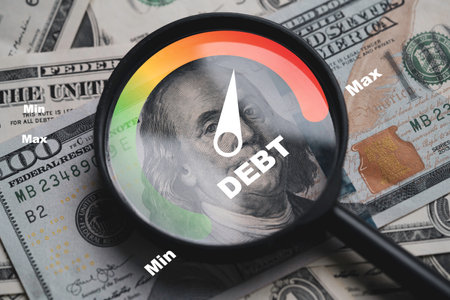 Debt indicator inside of magnifier glass on USD dollar banknote for United of America have high both government and public debt concept.の写真素材