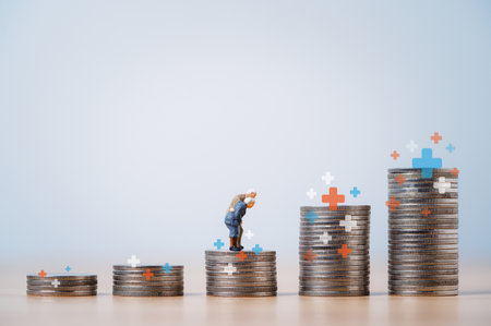 Miniature figure of Couple Senior Pensioners standing on the top coins stacking with plus sign for wealth financial planning ,money saving and life insurance of retirement concept.の写真素材